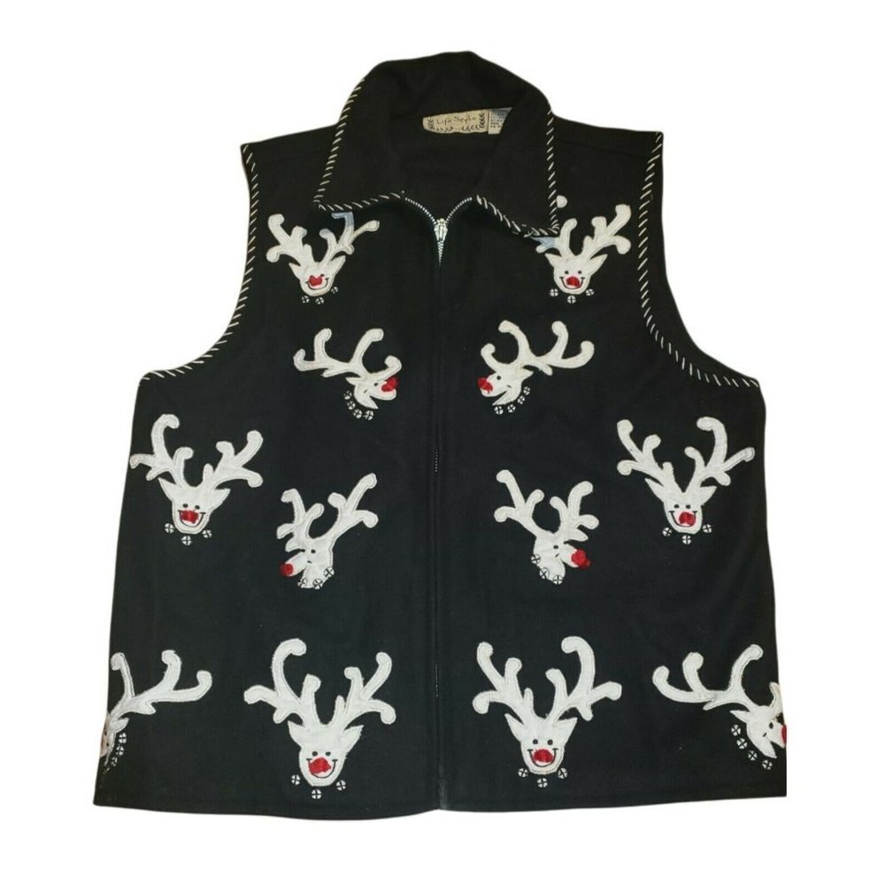 Vintage Christmas Sweater Vest Wool Blend Large Black Reindeer Party Ugly Tacky